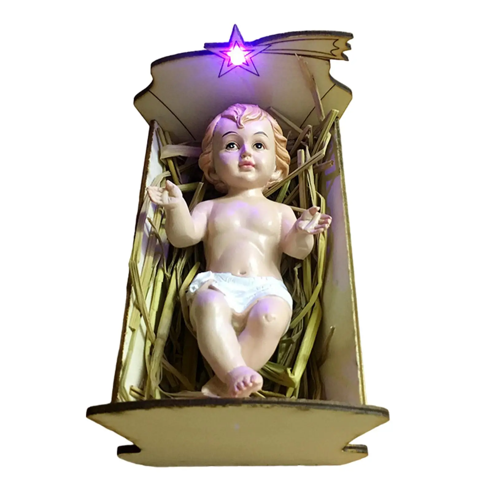 Babies Jesus Statue Wooden Manger Nativity Scene Decor Christmas Resin Sculpture for Indoor Holiday Home