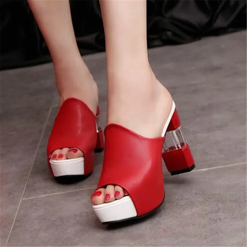 Women Sandals Leather Sole Slippers Sexy High Thick Heel 12cm Mules Peep Toe Platform Breathable