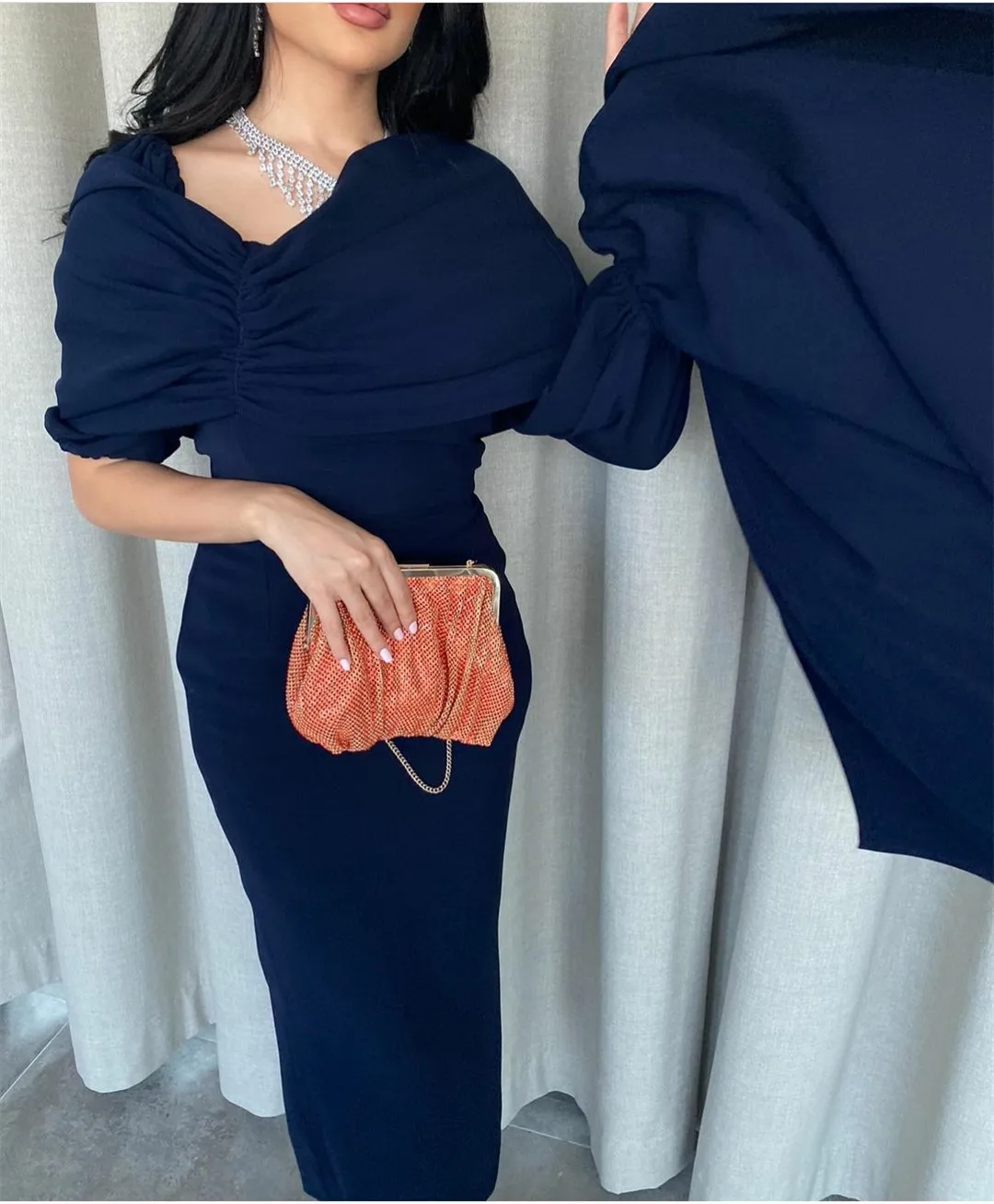 

Elegant Short Navy Blue Chiffon Evening Dresses Sheath Tea Length Pleated Zipper Back Robe De Mariée Party Gown For Women