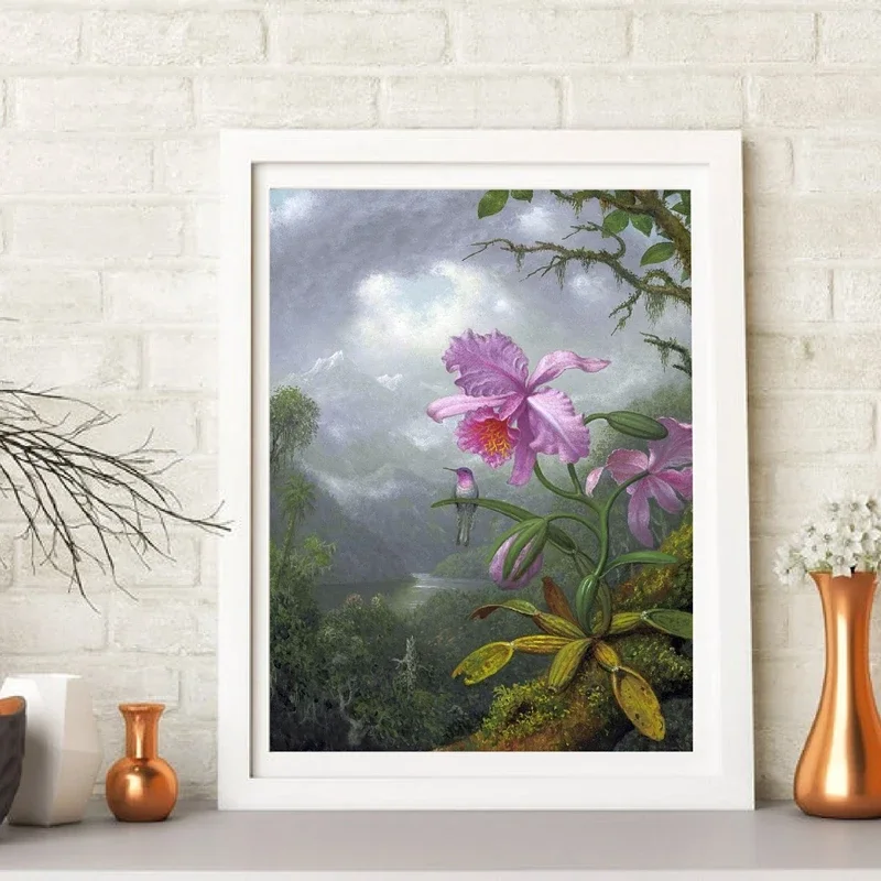 

Canvas Painting Antique Botanical Pink Orchid Rainforest Illustration Poster Vintage Wall Art Picture Hummingbird Home Decor