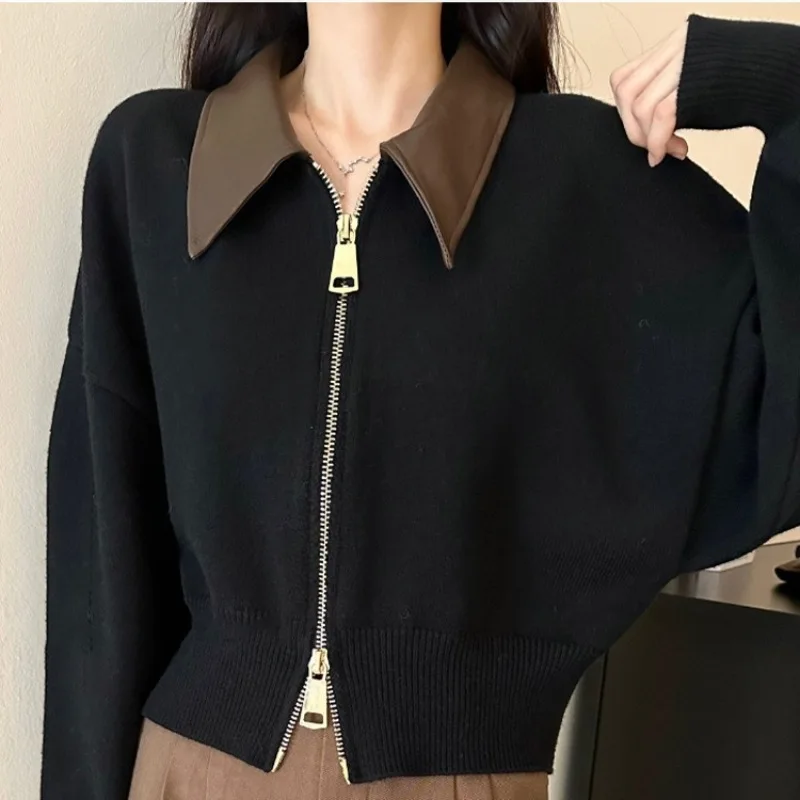 Women PU Leather Knitted Sweater Cardigan