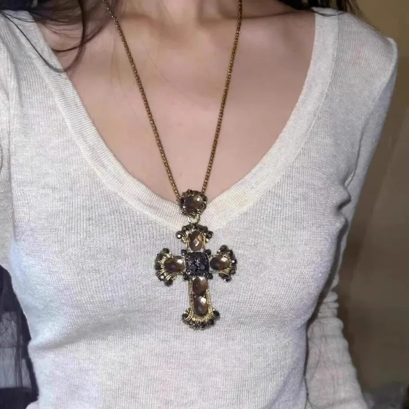 Fashion Gothic Punk Metal Big Cross Pendant Necklace Heavy-duty Versatile Y2K Subculture Sweater Chain Spicy Girl Accessories