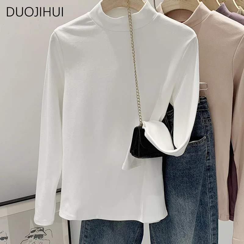 

DUOJIHUI Chicly осенние повседневные женские футболки с коротким воротником базовые с длинным рукавом Классические однотонные модные простые женские футболки