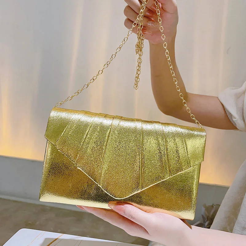 Gold Silver Square Bags for Women 2024 Trend Designer Luxury PU Leather Clutch Handbag Envelope Evening Shoulder Messenger Bag
