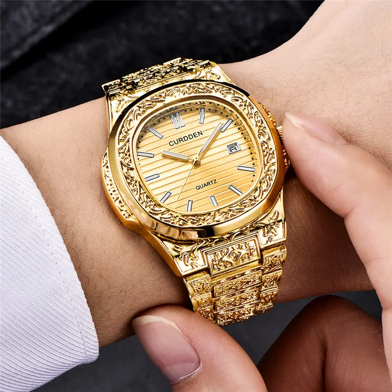Men Original CURDDEN Brand Designer Watches Casual Alloy Band Simple Cool Unique Carve Design Date Quartz Wrist Watch Golden