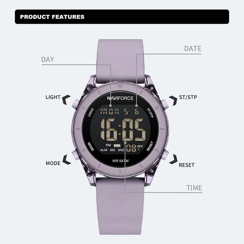 NAVIFORCE High Quality Woman Watch 50m Waterproof LCD Digital Display Electronic Wristwatch for Women Silicone Band Female Clock 2