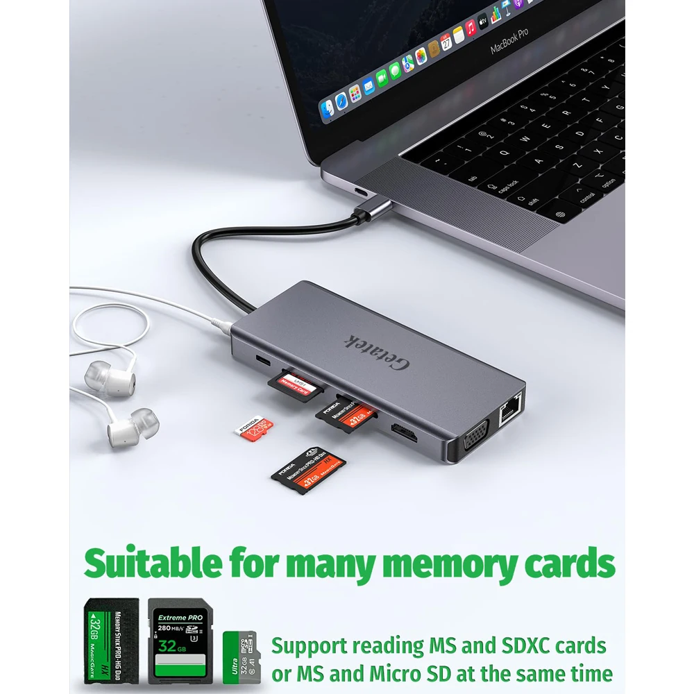 GETATEK USB C Docking Station 13 in 1 Card Reader USB 3.2 Hub Multiport Adapter with 4K HDMI VGA 100W PD Charging Ethernet SD/TF 2