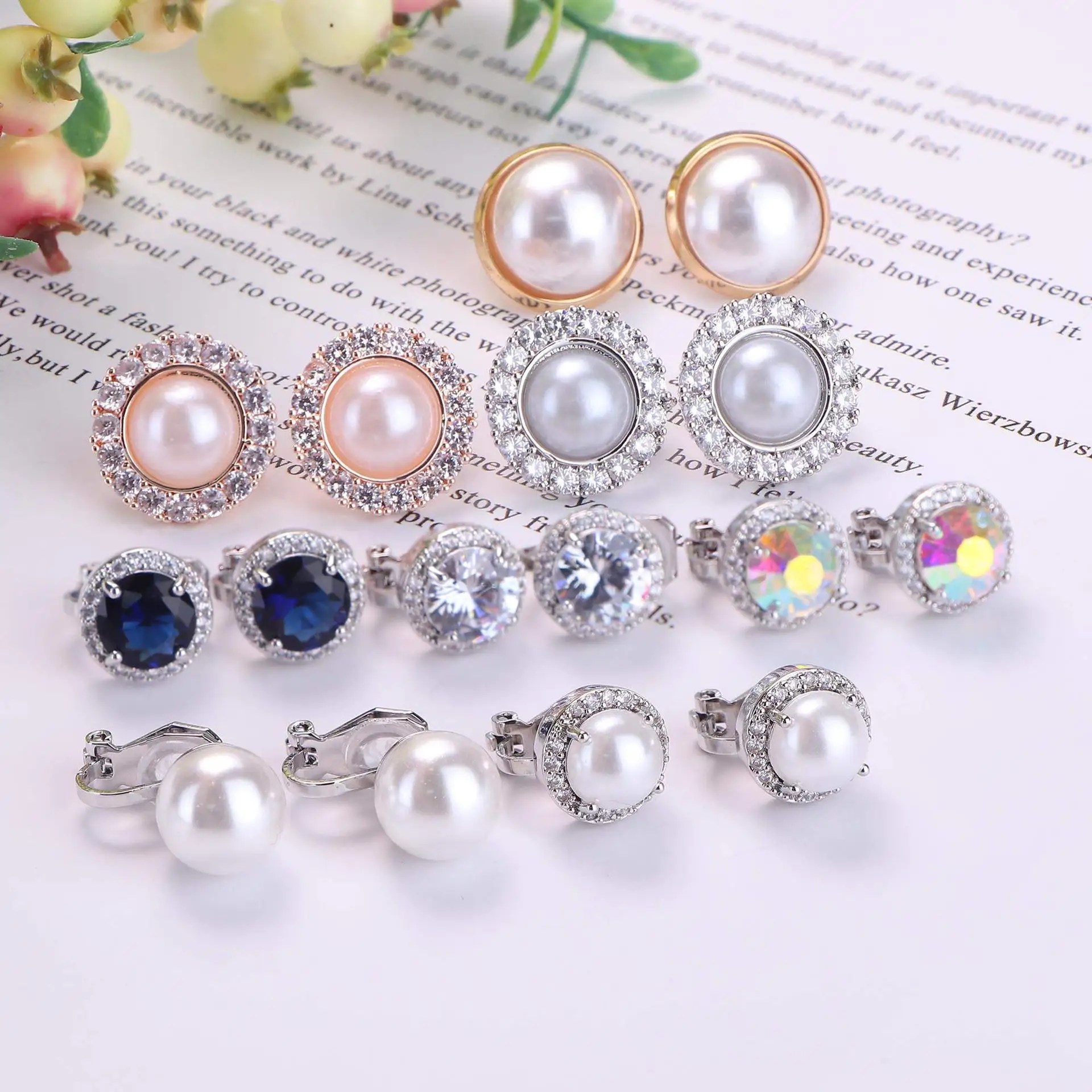 1Pair Candy Color Colorful Geometry Zircon Pearl Earrings European Style Earclip Earnail Women Ear Clip Fake Piercing Earring ear clip earrings clip earrings ear clip