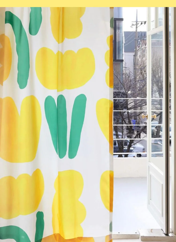 Yellow Flower Abstract Half Shading Living Room Curtains Free Punching Paste-style Bedroom Drapes 4
