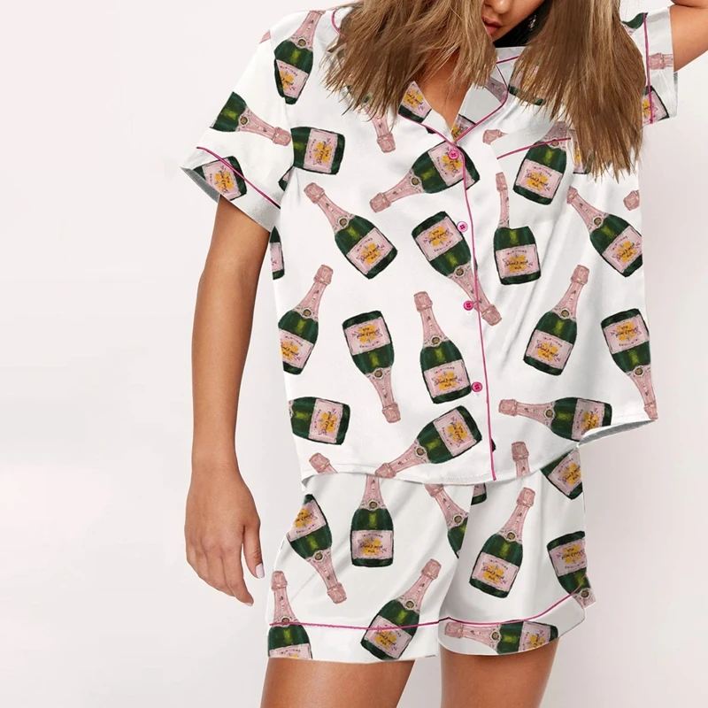Beverage Bottle Print Lounge Outfits Women's 2 Piece Pajama Set Comfy Short Sleeve Button Down Tops Shirt + Elastic Waist Shorts
