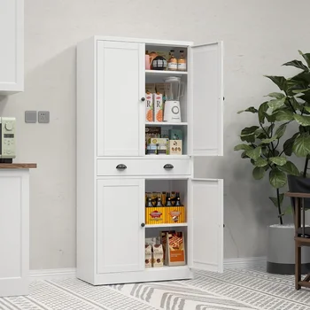71" Kitchen Pantry Cabinet, White Storage Cabinets with Adjustable Shelves and Drawer, Freestanding Cupboard, Metal Pantries 1