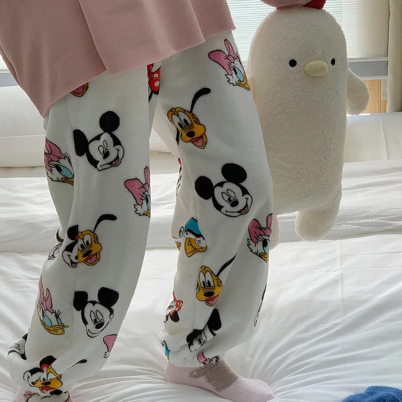 Anime Disney Pajama Pants Kawaii Mickey Mouse Plush Home Pants Cartoon Minnie Coral Velvet Warm Leisure Pajama autumn pants