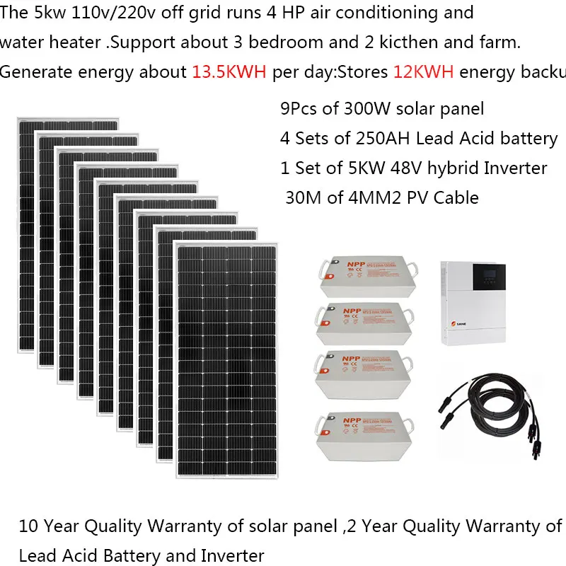 

Solar Panel Kit Complete 5000W 220V 110V Battery MPPT Hybrid Inverter Growatt Off Grid System 4HP Air Conditoning Farm Villa