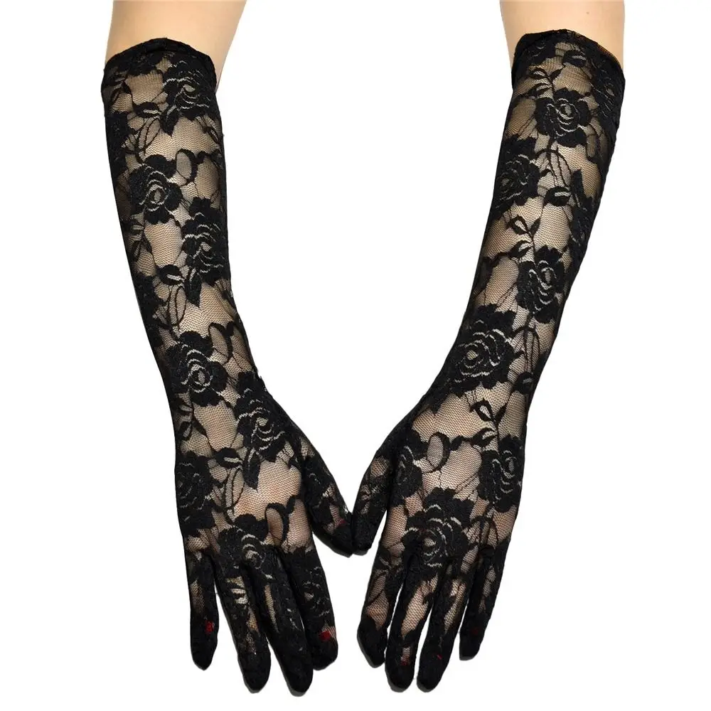 

Retro Gothic Feather Gloves For Women Lace Wrist Cuffs Flower Black Lace Gloves Women Fashion Elbow Five Fingers Mittens
