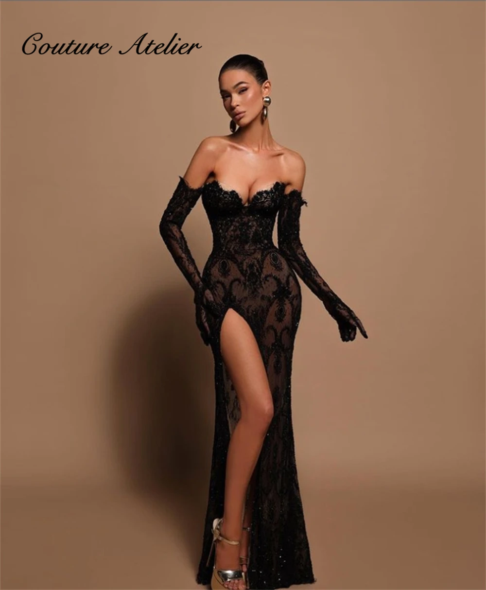 

Desirable Black Beaded Lace Prom Dresses With Gloves Mermaid Formal Occasion Dress Middle East Birthday Gown Strapless vestidos
