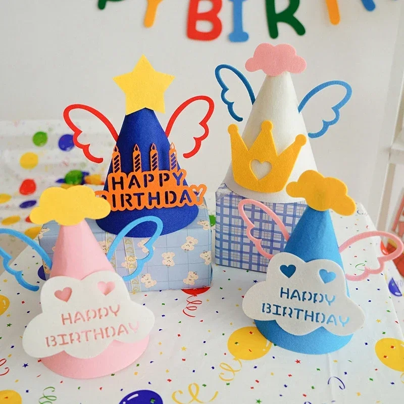 Happy Birthday Felt Hat Bowknot Cone Hats Flower Strawberry Cap Baby's DIY Handmade Crown Cute Party Supplies Adult Kids
