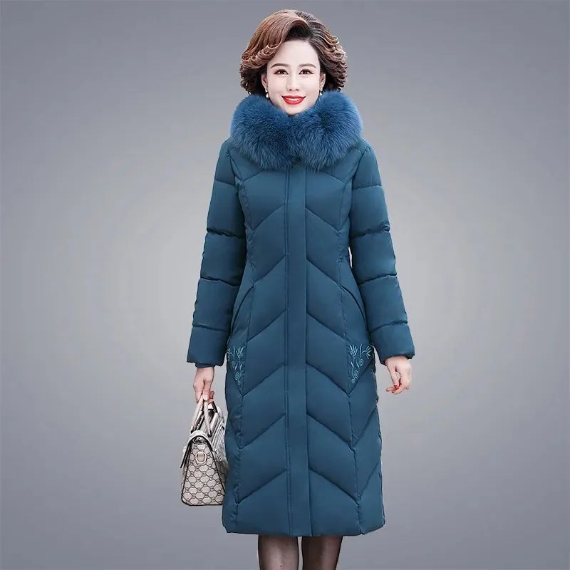 

2023 New Women Winter Jacket Puffer Parka Fur Collar Hooded Overcoat Long Thicken Warm Snow Jacket Middle-Aged Mother Outwear