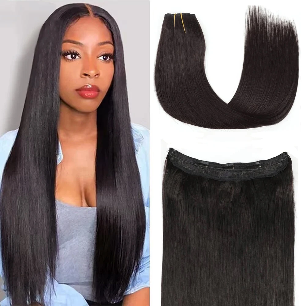 Invisible Wire Hair Extensions Human Hair Fish Line Extensions Real Human Natural black #1B Wire