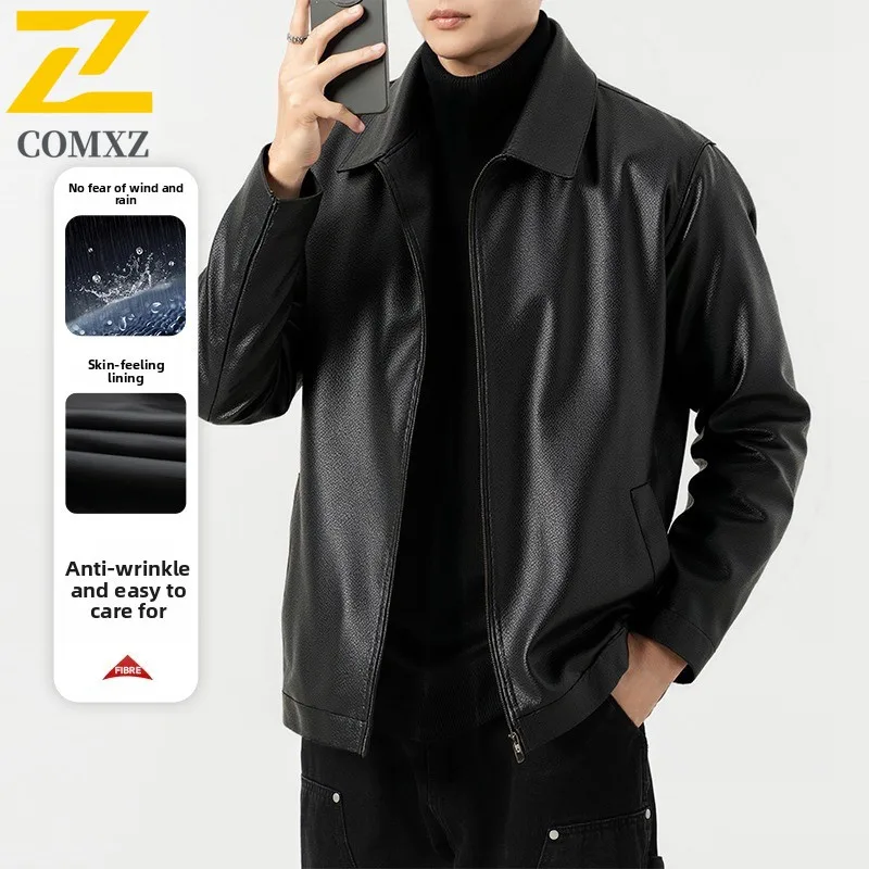 EIAO Spring Autumn Men Leather Jacket Fashion Simple Style Motorcycle Coat for Young Trendy Waterproof Windproof Biker Outerwear