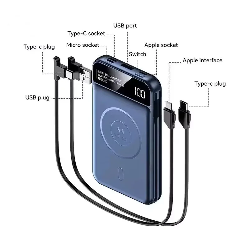 50000mAh Power Bank Wireless Charging Power Bank Magnetic Charging Built-in Wire MobilePhone Battery Durable Portable For Iphone 4