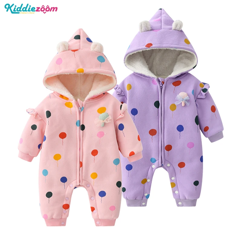 

High Quality Baby Girl Thick Zipper Romper Winter Warm Infant Clothes Autumn Outdoor Newborn Hooded Jumpsuit Cute Balloon Print