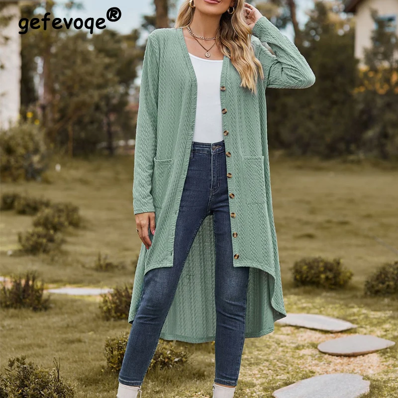 

Women's Trendy Asymmetrical Single Breasted Elegant Cardigan Jacket Autumn Winter Long Sleeve Loose Pockets Tunic Outewear Coat