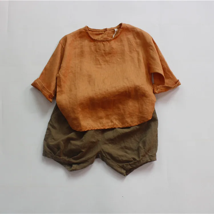 deer jonmi Summer Children Solid Color Retro Loose Shirts Korean Style Unisex Cotton Linen Tops