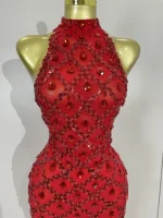 Luxury Sparkly Red Rhinestones Feather Sexy Mesh See Through Long Dress Women Birthday Evening Nightclub DJ Dancer Stage Costume - Image 6