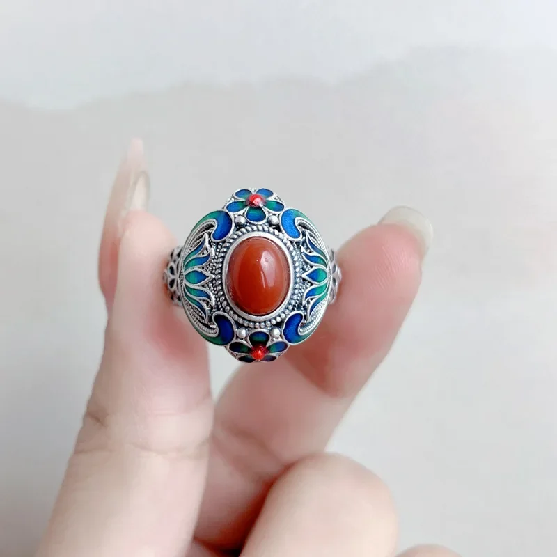 

925 Sterling Silver Enamel Southern Red Agate Ring Jewelry Vintage Ethnic Style Blue Flower Hollow Women Finger Rings Adjustable