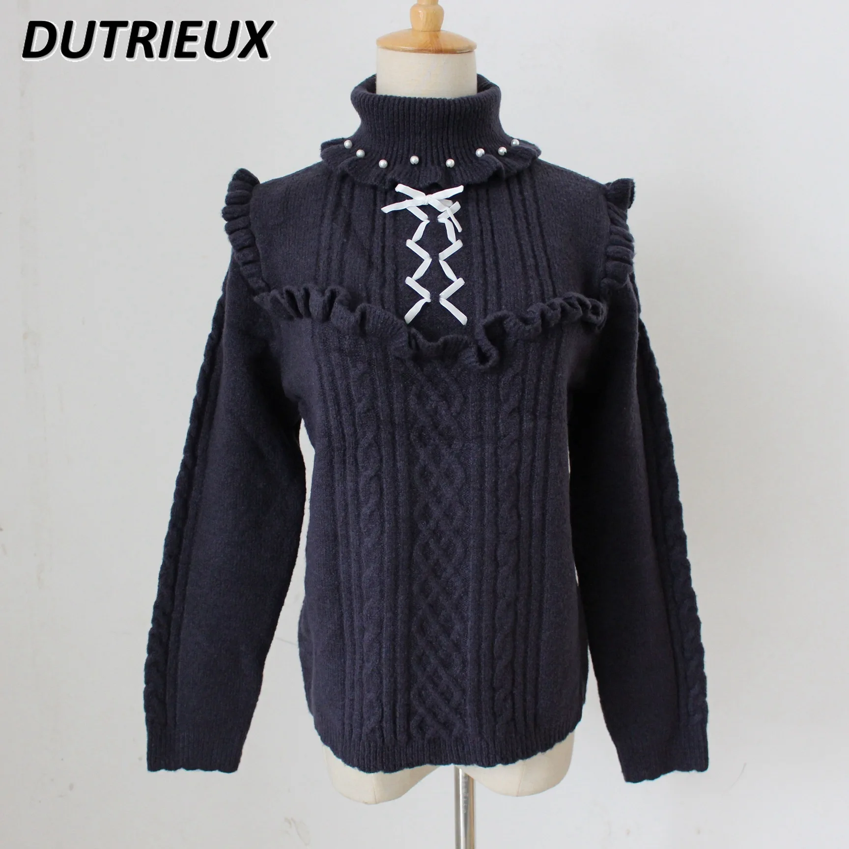 

Japanese Handmade Velvet Band Ruffled Knitted Sweater for Women Pullover 2023 New Winter Turtleneck Fresh Sweet Sweaters Top