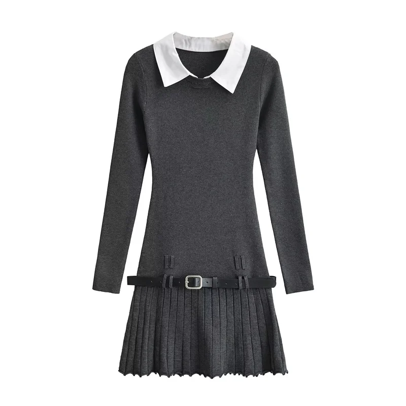 Korean Fashion Knitted Short Dresses for Women Autumn New Patchwork Long Sleeve Pleated A-line Y2K Sexy Party Dress with Belt