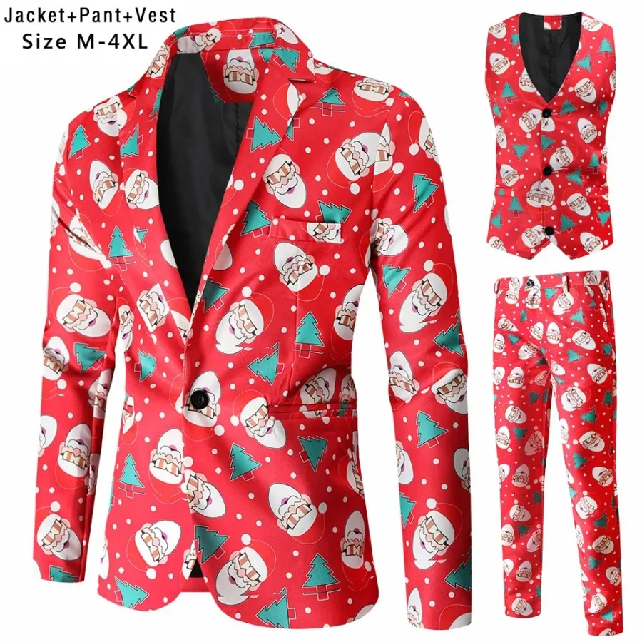 

Three Pieces Christmas Suits Men Long Sleeve Blazers Winter Santa Claus Snowflake Printed Men's Funny Blazers Jacket+Vest+Pants