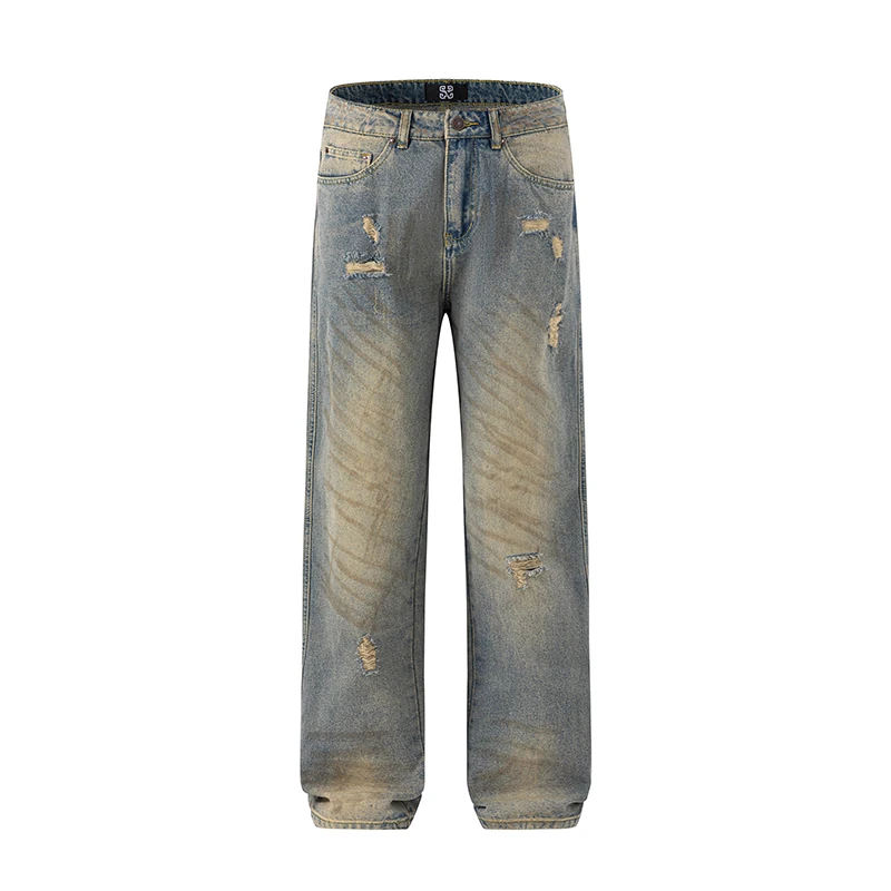 2024 new men's ripped jeans indentation denim hand-painted printing fashion men's straight loose pants Actual picture