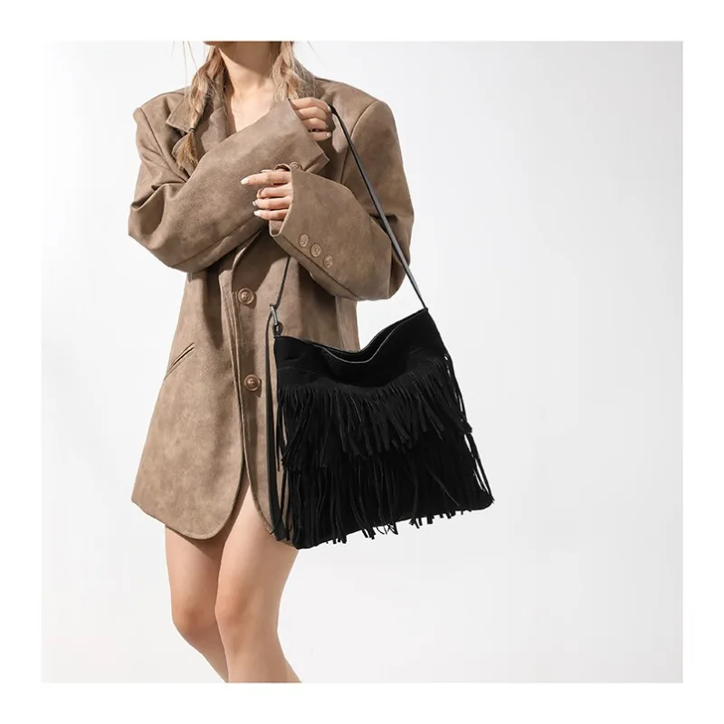 New Designer Luxury Crossbody Bag Nubuck Leather Tassel Shoulder Bag for Women Large-capacity Lazy Wind Underarm Shoulder Bag