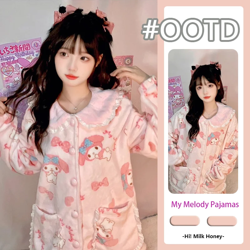 

Cute Cartoon Kawaii Sanrioed My Melody Coral Velvet Pajama Two-Piece Set for Women's Winter New Doll Collar Home Uniform Set