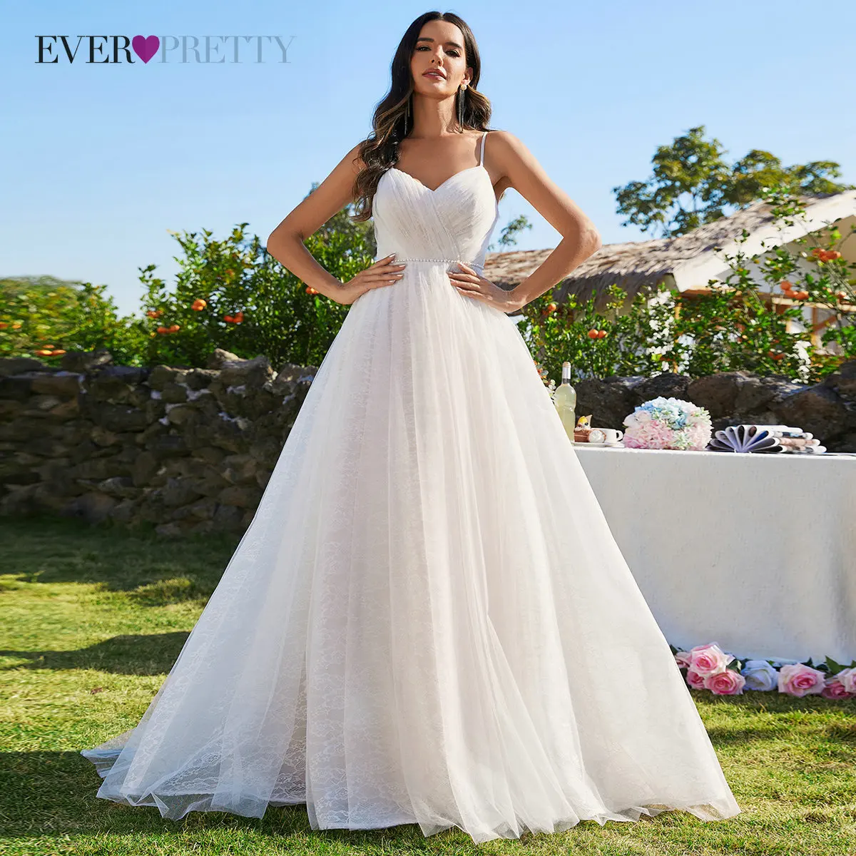 

Ever Pretty Luxury Wedding Dress For Bride 2024 New Fashion Ball Gown V Neck Spaghetti Straps Bridal Gowns vestido de novia 1688