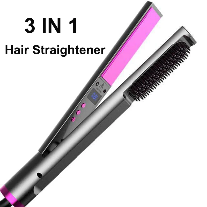 

3 in 1 Ceramic Flat Iron Hair Straightener Plates With Built-in Comb Heated Straightening Brush Hair Curler Salon Styling Tools