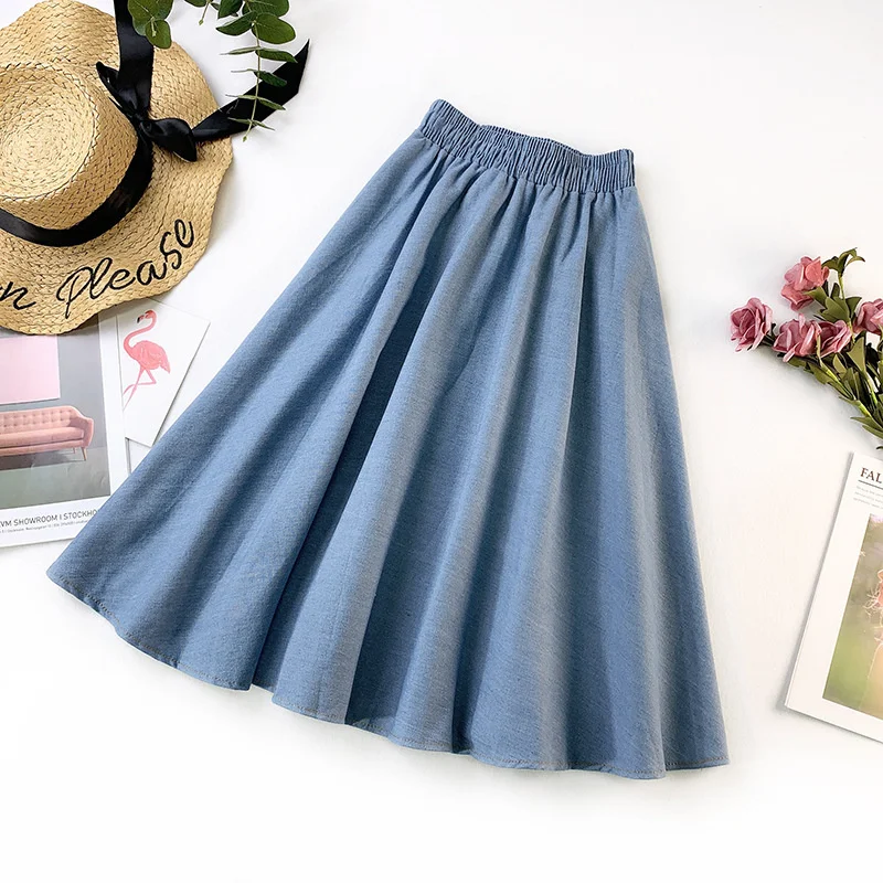 PEONFLY Autumn Winter Fashion Women Skirt Solid Color Lace-up High Waist Denim Skirt Retro Pleated Midi Denim Flared Skirts crop top with skirt