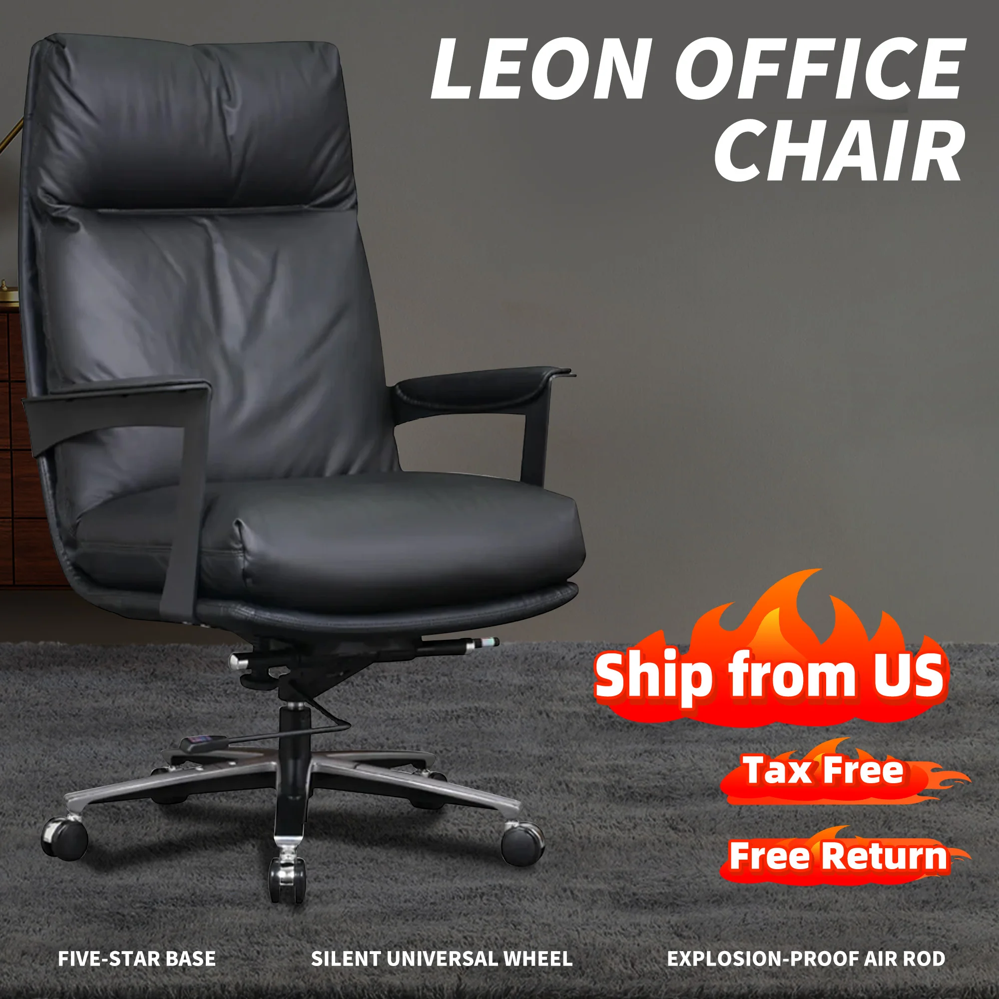 Kinnls Leon Upholstered Gaming Chair Genuine Leather Office Chair Minimalist Home Desk 360°Swivel Executive Chair for Boss