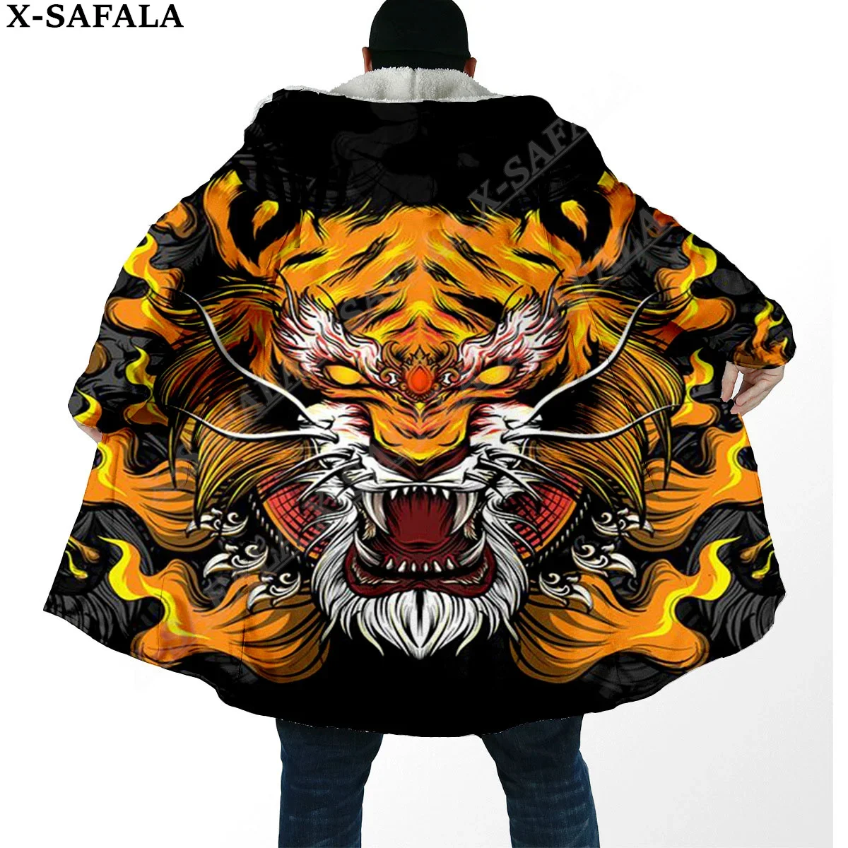 

The King Warrior Tiger Viking Tattoo Overcoat Coat 3D Print Thick Warm Hooded Cloak Men Windproof Fleece Unisex-8