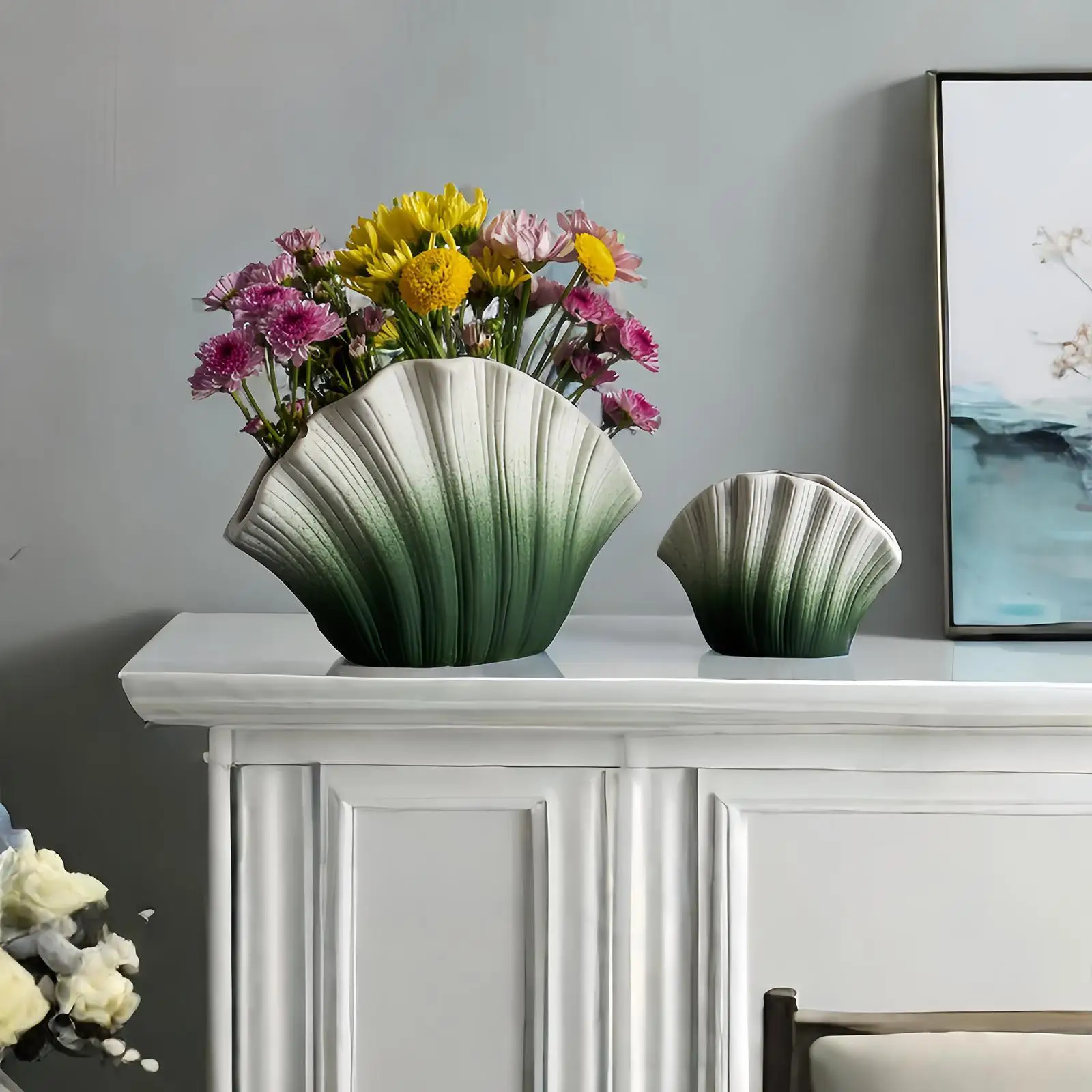 Vase ceramic flower arrangement, high-end and creative cross-border vintage style, high aesthetic value, shell ceramic vase deco 3