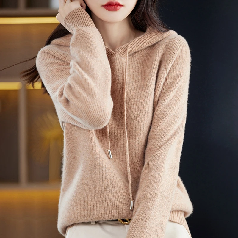 여성용 캐시미어 후드 스웨터, 긴팔 니트 후드 풀오버, 단색 캐시미어 베이스, 가을 및 겨울, 2023 신상