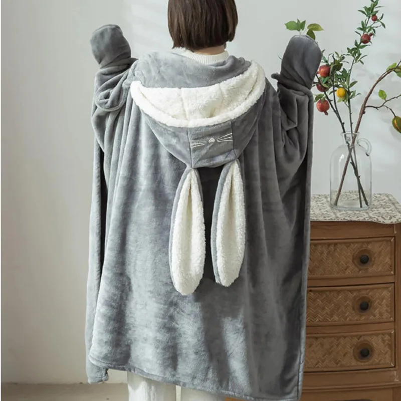 

Plush Hooded Rabbit Ears Double Layer Shawl Blanket Office Nap Blanket Warm Wearable Air Conditioning Sleepwear Blanket