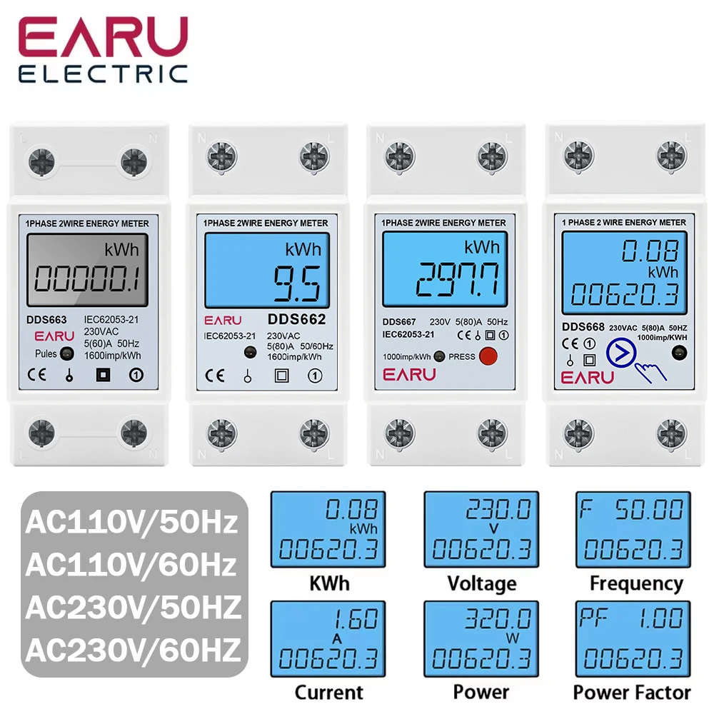Energy Meter Single Phase LCD Digital Reset Zero kWh Voltage Current Power Consumption Counter Electric Wattmeter 220V Din Rail