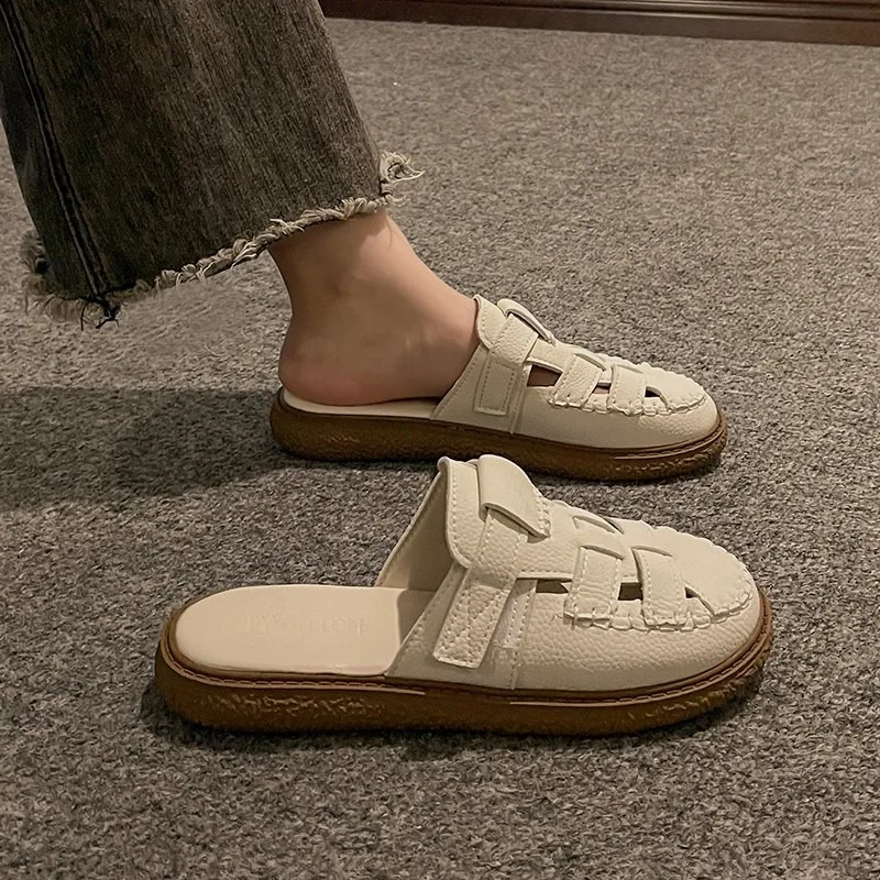 Baotou Sandals Women Wear 2024 Summer New Hollow-out Heelless Thick Sole Lazy Half Slippers Women Shoes  Slippers