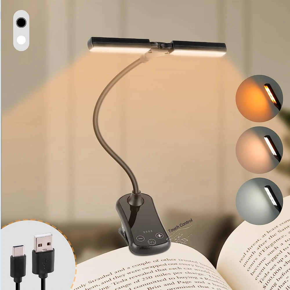 Electight 14 LEDs Lampe de Lecture Double Tête, Liseuse Lampe Clip USB  Rechargeable, Lumière du Livre 360° Cou Flexible, 3 Couleur& Gradation  Progressive, Jusqu'à 80H, Portable pour Lire et Voyager : 