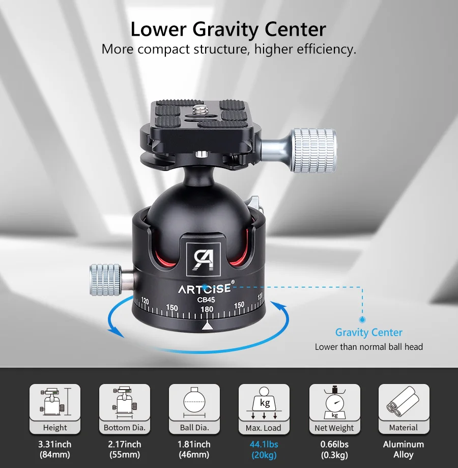ARTCISE CB45 Low Profile Double U-Notch Ballhead 360&deg;Panoramic Professinal CNC Alloy Metal for Shooting DSLR Tripod Monopod