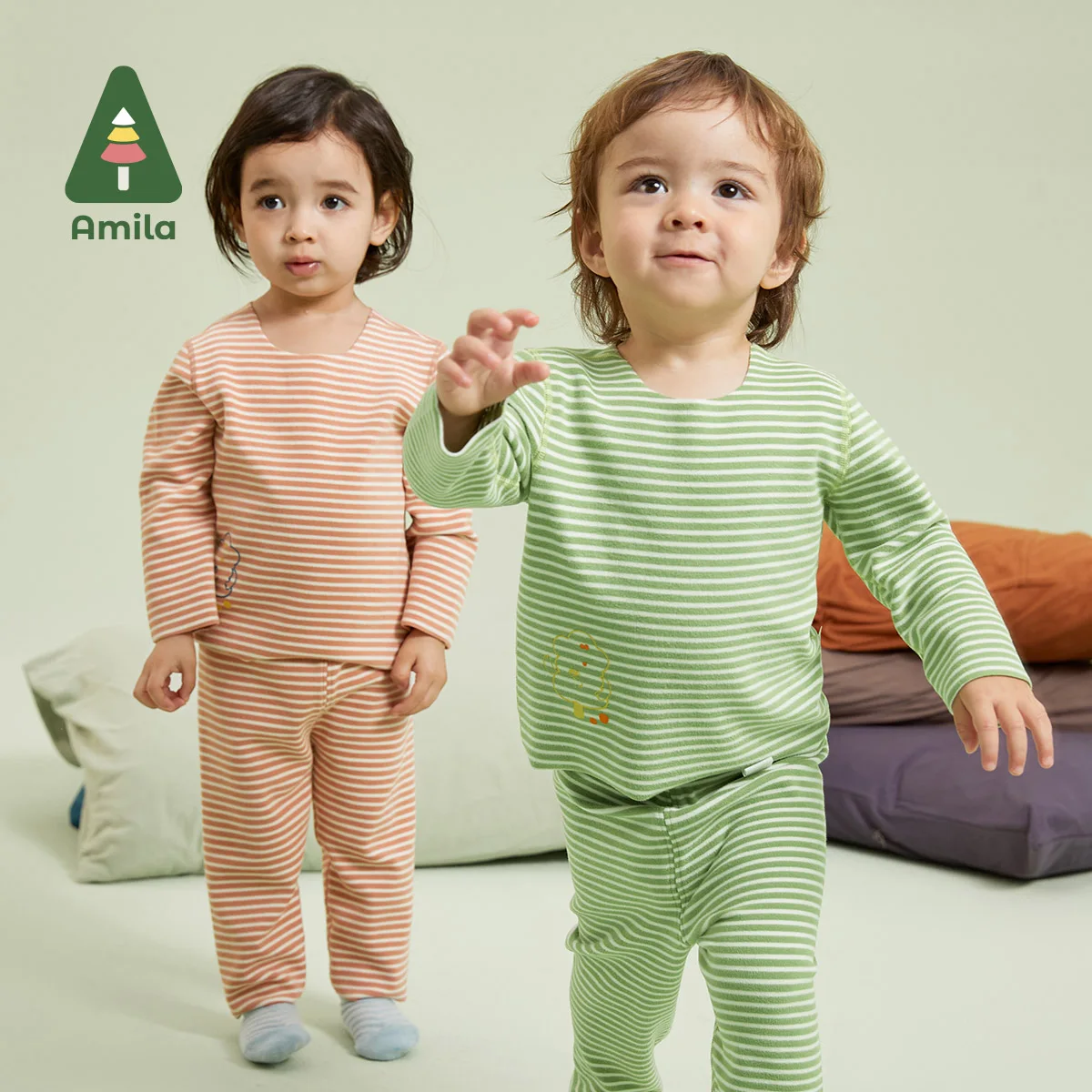 Amila Baby Underwear Set Autumn New Seamless Cutting Colors Pattern Printing Boys Girls Cotton Children Homewear Clothes
