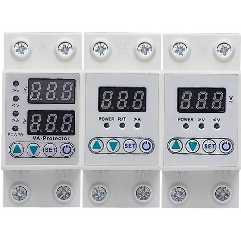 

1Pcs 220V 63A 40A Digital Display Din Rail Adjustable Over Voltage Current and Under Voltage Protector Self-Recovery With Delay