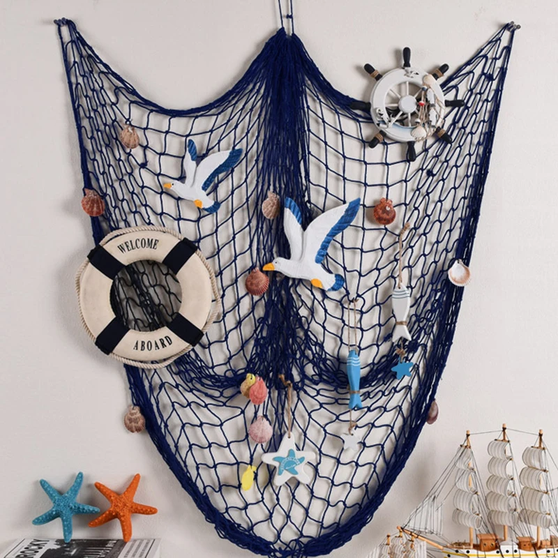 

Mediterranean Style Handmade Woven DIY Fishing Net Seaside Wall Hanging Beach Theme Sea Shells Nautical Party Decor Photo Props